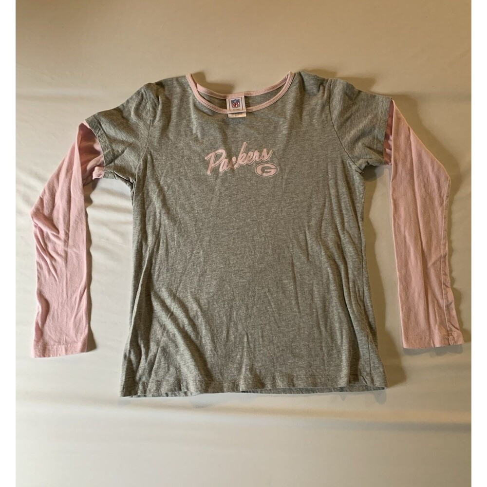 Green Bay Packers NFL Women's Long Sleeve T-Shirt Gray/Pink Script Logo XL P1